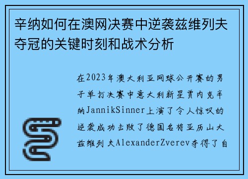 辛纳如何在澳网决赛中逆袭兹维列夫夺冠的关键时刻和战术分析