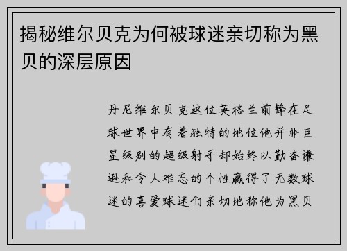 揭秘维尔贝克为何被球迷亲切称为黑贝的深层原因
