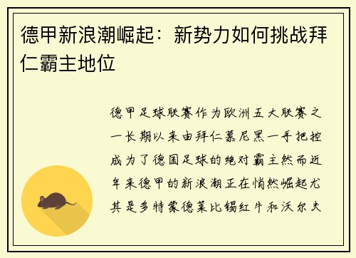 德甲新浪潮崛起：新势力如何挑战拜仁霸主地位