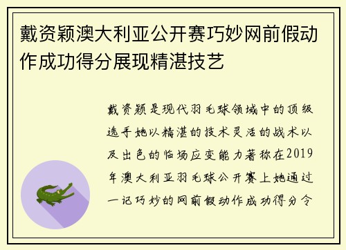 戴资颖澳大利亚公开赛巧妙网前假动作成功得分展现精湛技艺