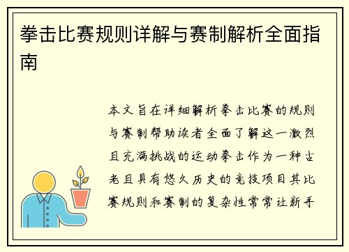 拳击比赛规则详解与赛制解析全面指南